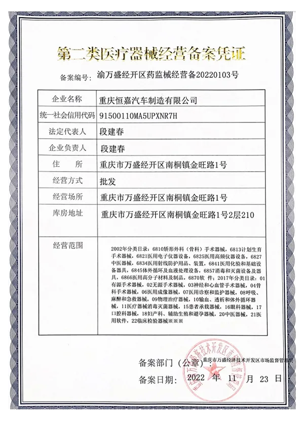 Class II medical device business registration certificate